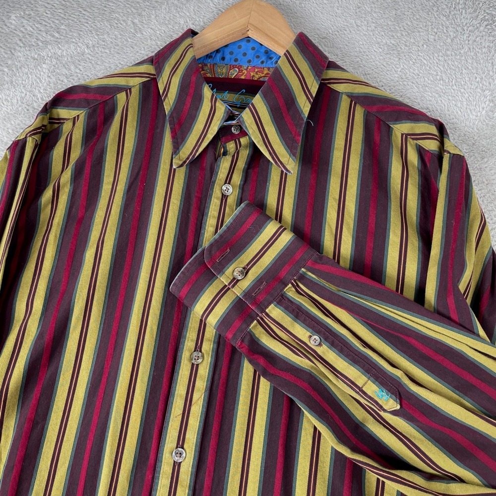 Robert Graham Shirt Mens 2XL Multicolor Stripe Paisley Trim Luxury Designer